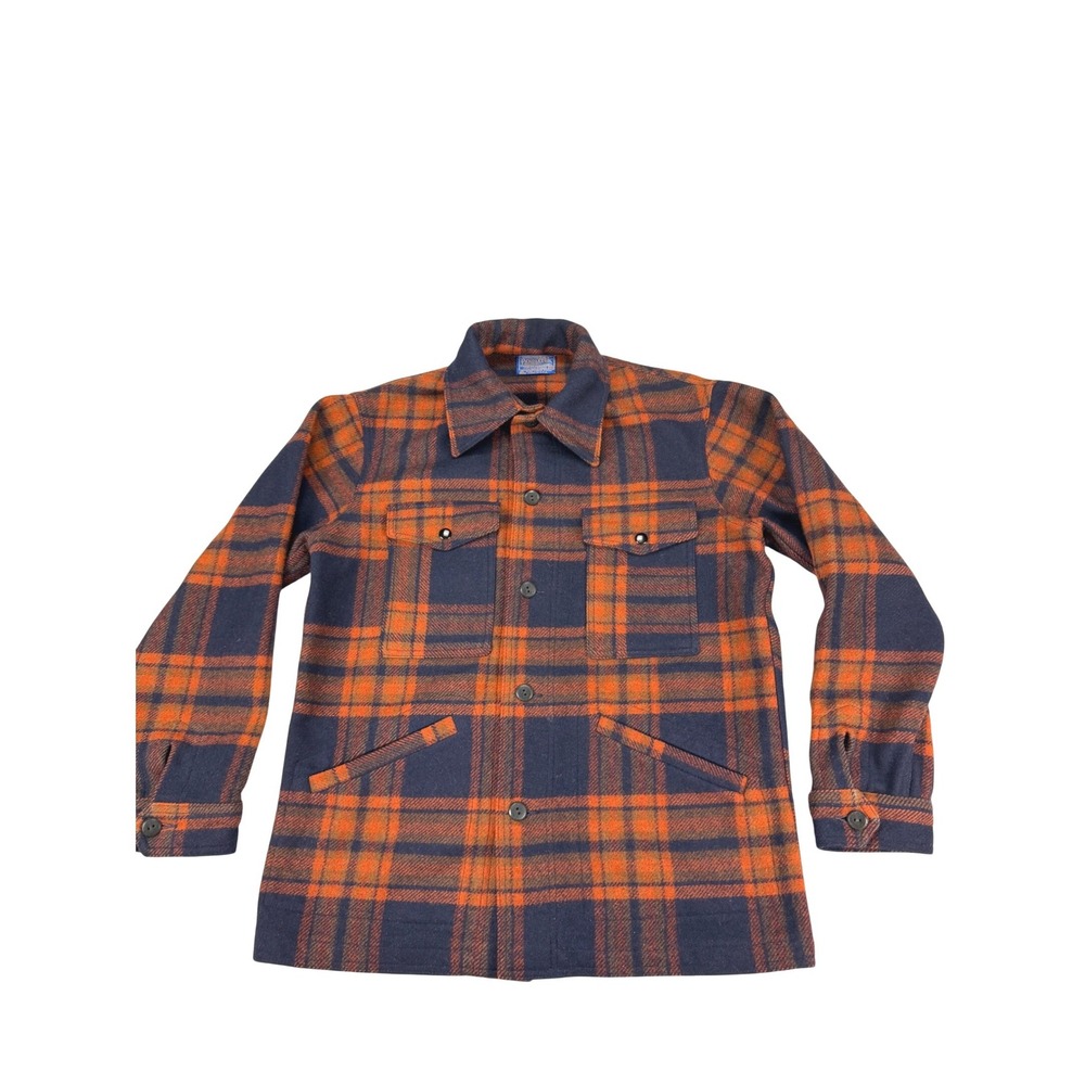 Vintage Pendleton Wool Cruiser Jacket Mens Medium Orange Navy Blue Plaid USA